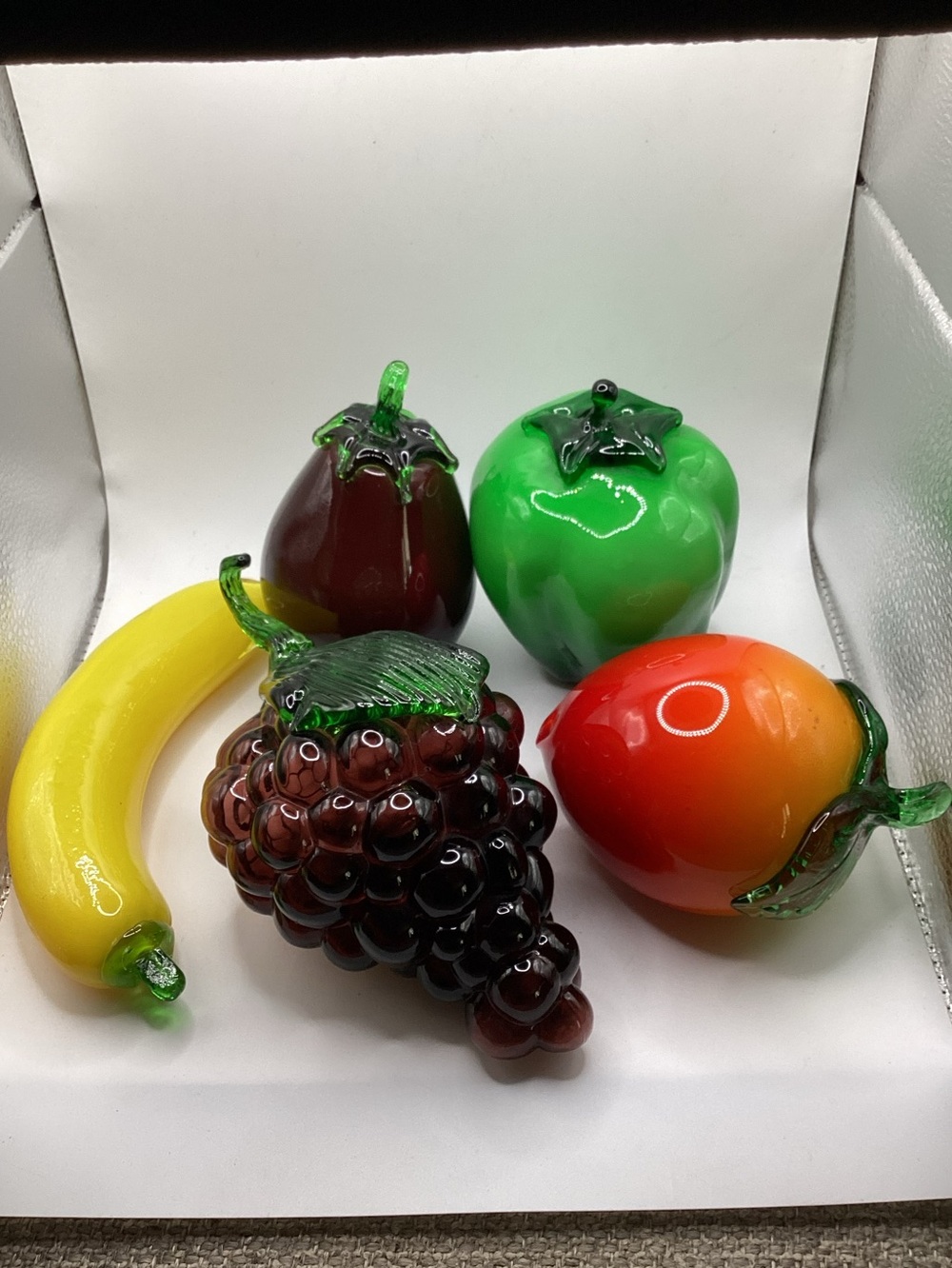 Murano-like Glass Fruit Set - Banana Grapes Peach Eggplant Pepper